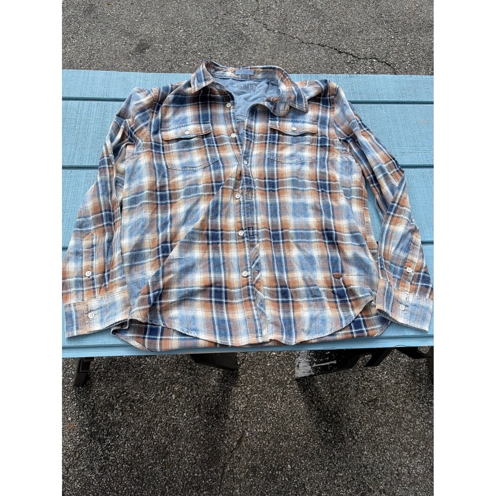 True Grit Mens Blue Brown Plaid Flannel Button Down Shirt Large D1M37YDT2